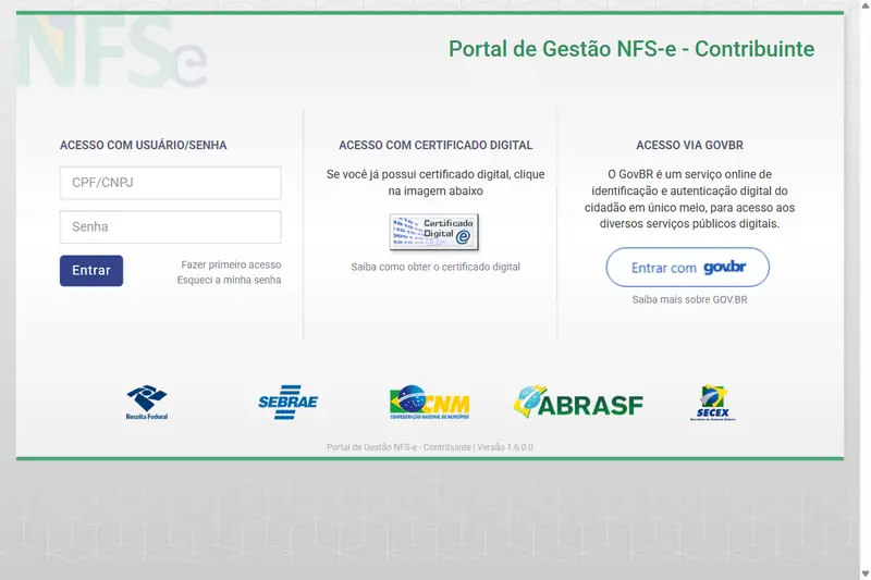 Tela de login do Emissor Nacional da NFS-e com as três formas de acesso: senha, certificado digital e gov.br