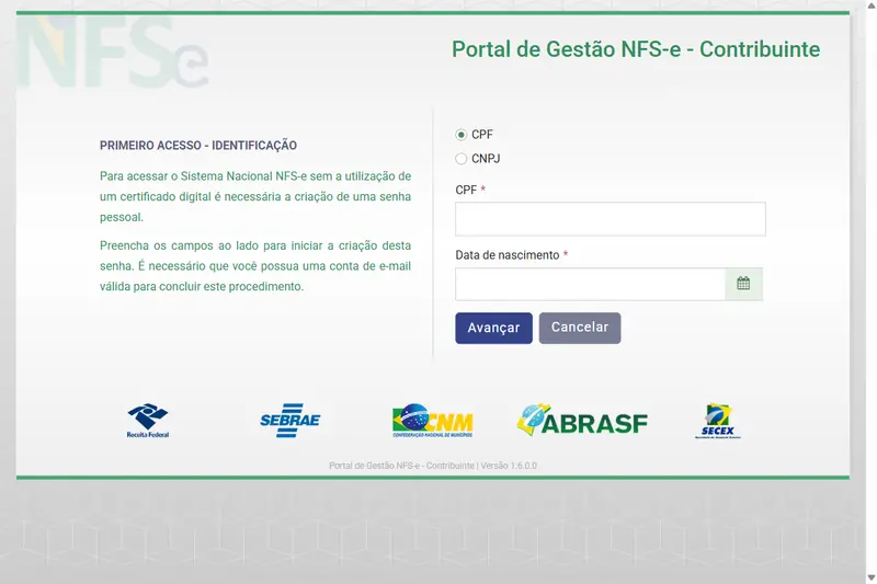 Tela "Primeiro acesso" do Emissor Nacional da NFS-e, com os campos para informar o CNPJ e os dados do responsável antes de criar a senha