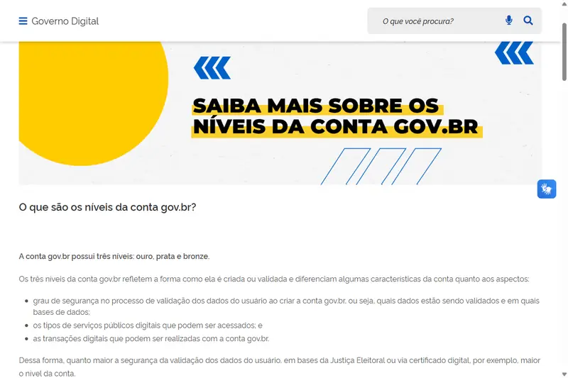 Página oficial do gov.br explicando os níveis bronze, prata e ouro da conta e como subir de nível