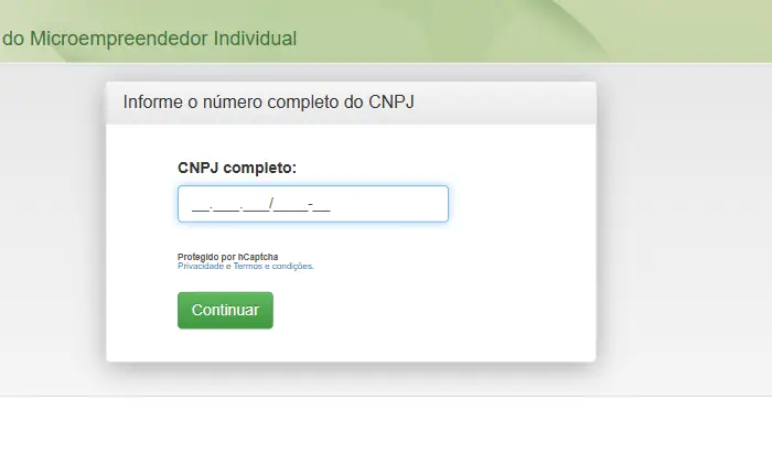Tela inicial do PGMEI, o programa gerador do DAS do MEI, com o campo para informar o CNPJ