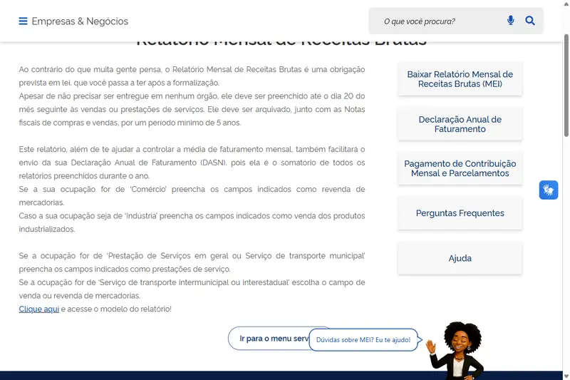 Página do Portal do Empreendedor sobre o relatório mensal de receitas brutas do MEI, com o link para baixar o modelo oficial