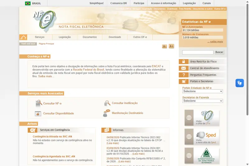Página inicial do Portal Nacional da NF-e (nfe.fazenda.gov.br), com os menus de serviços e a área de consulta de notas
