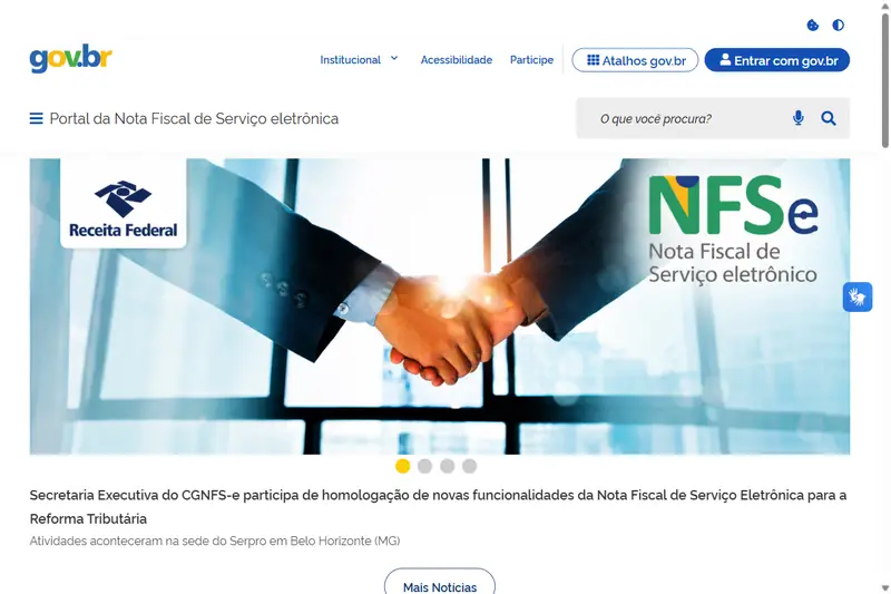 Página inicial do Portal Nacional da NFS-e em gov.br/nfse, com o menu e os acessos ao Emissor Nacional e à consulta de notas