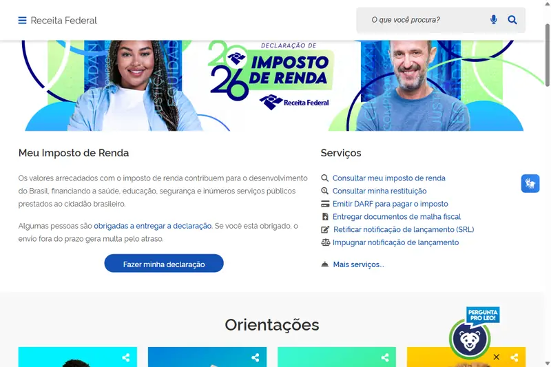 Página Meu Imposto de Renda da Receita Federal, com as opções de preencher a declaração e consultar a situação