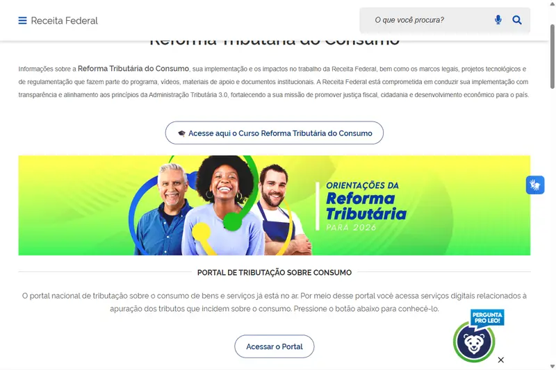 Página da Receita Federal sobre a Reforma Tributária do Consumo, com as orientações para 2026 e os links para legislação e manuais